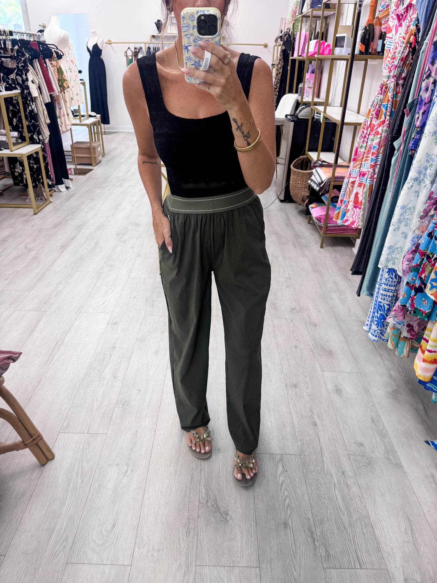 Olive Elastic Wide Band Pants
