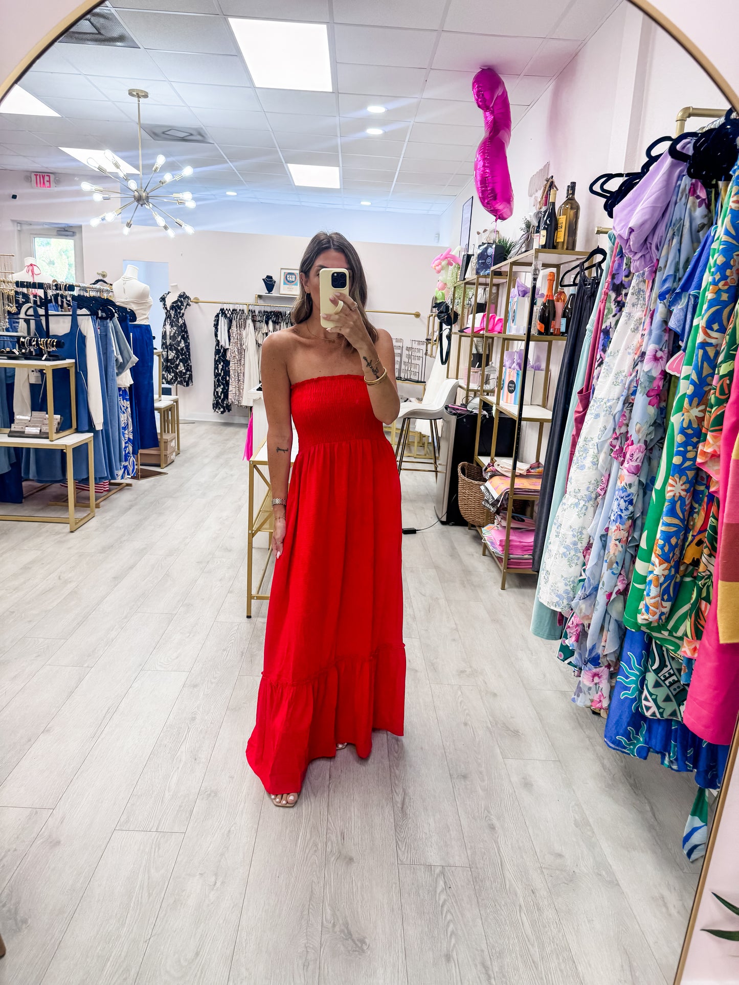 Red Strapless Boho Maxi Dress