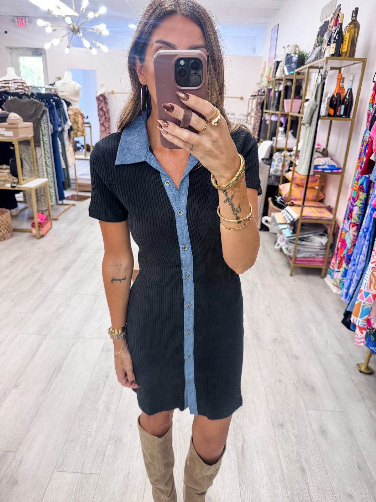 Black & Denim Contrast Ribbed Dress