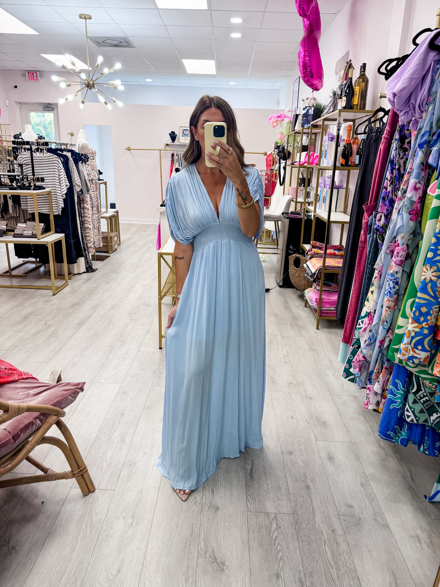 Blue Glow Smocked Waist Plunge Maxi Dress