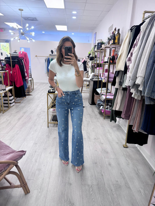 High Rise Embroidered Wide Leg