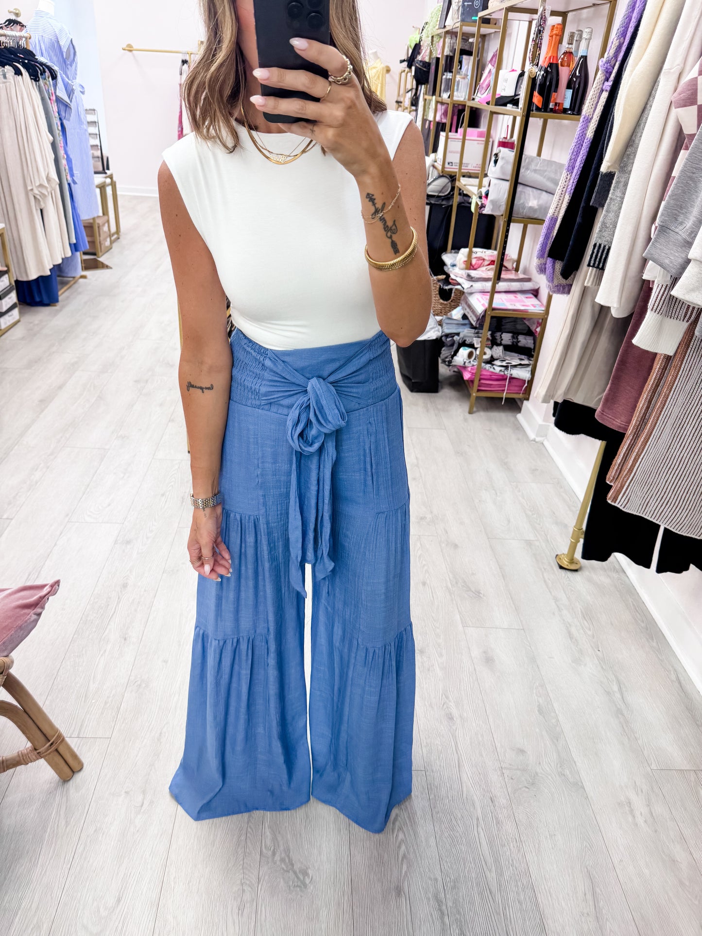 Blue Smocked Waist Palazzo Pants
