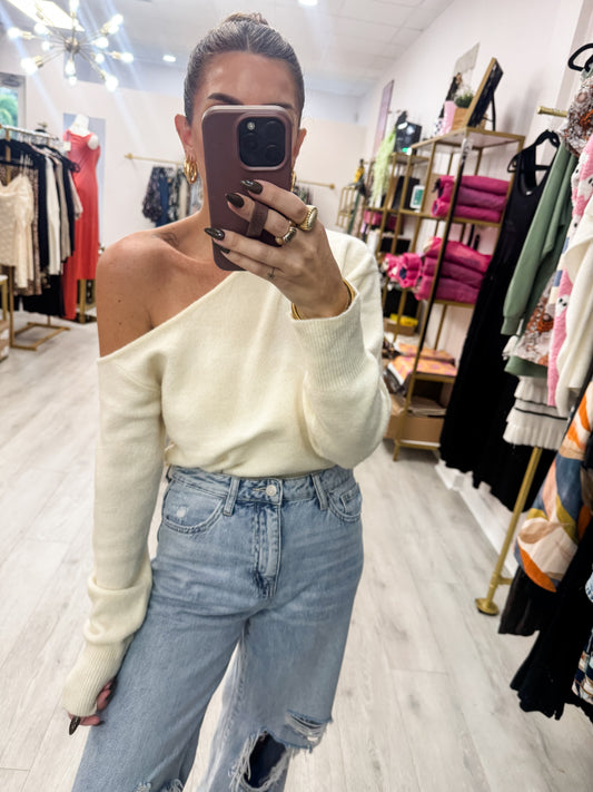 Off White Asymmetric Off Shoulder Sweater