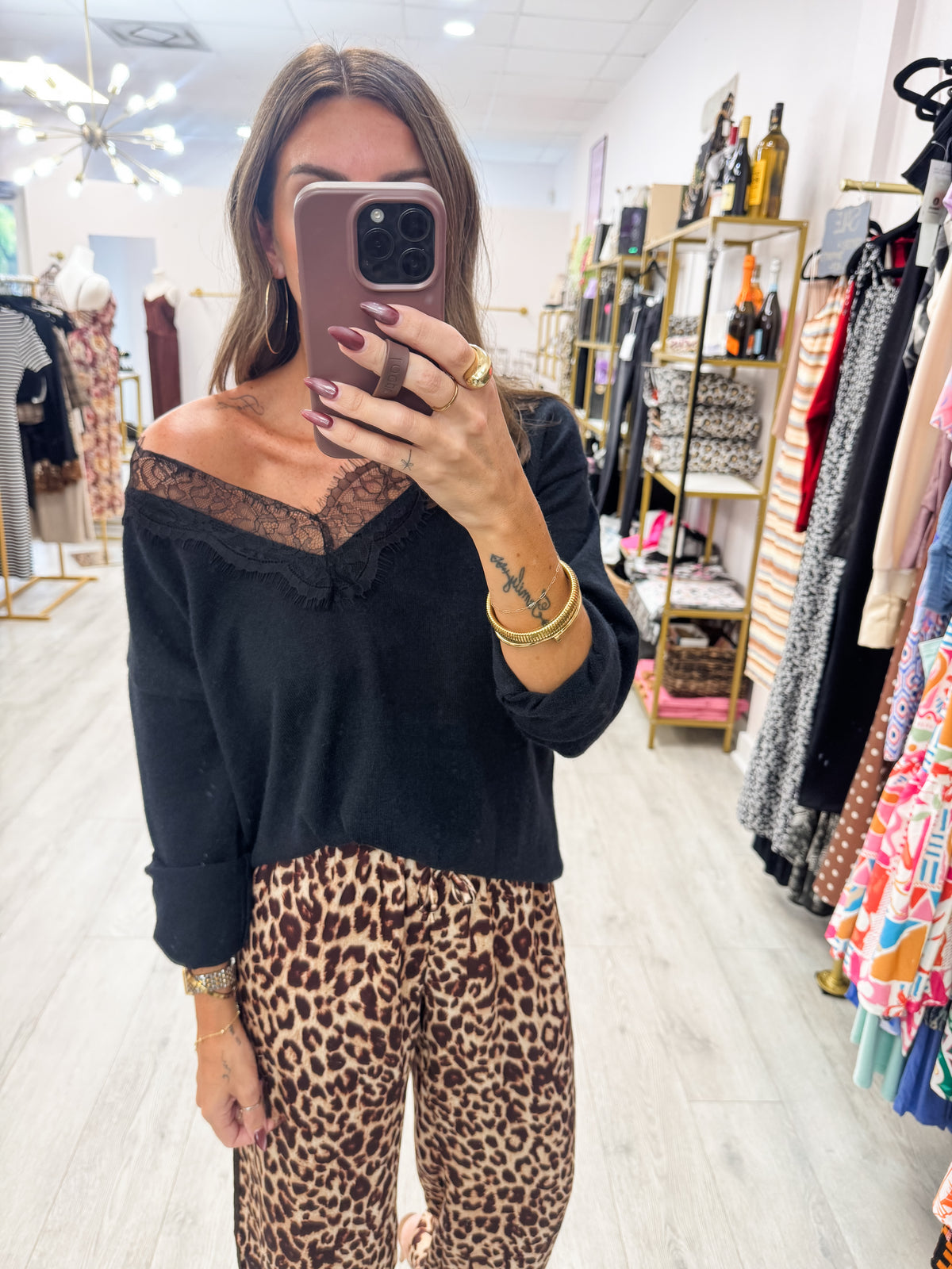 Black Lace Trim V-Neck Sweater