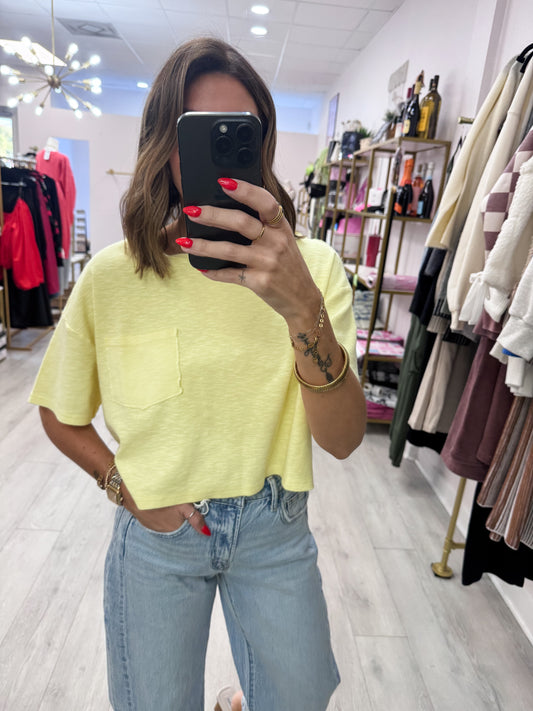 Butter Yellow Boxy Crew Neck Top With Pocket