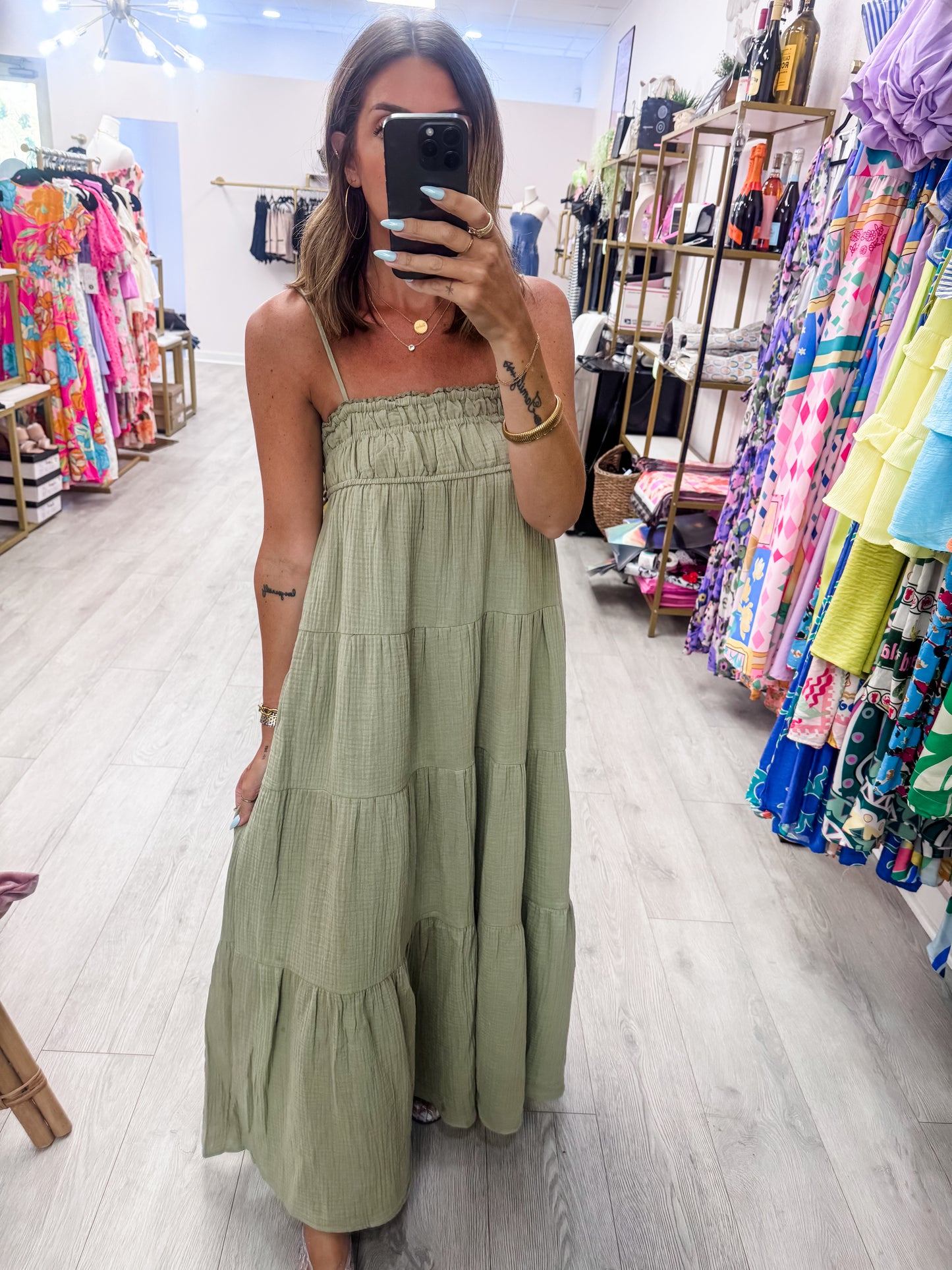 Light Olive Smocked Tiered Maxi Dress