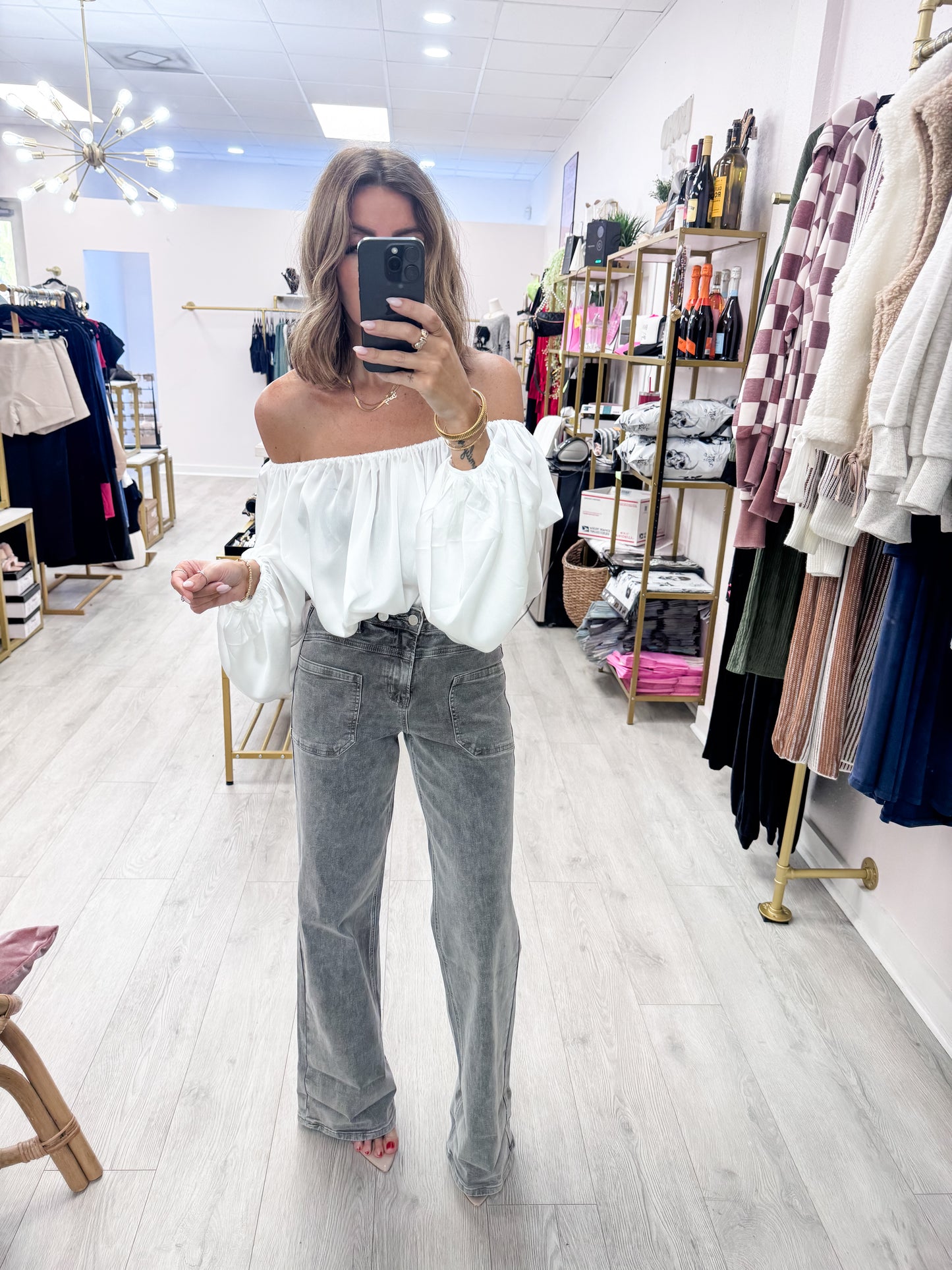 Off-White Elegant Off-Shoulder Blouse With Balloon Sleeves