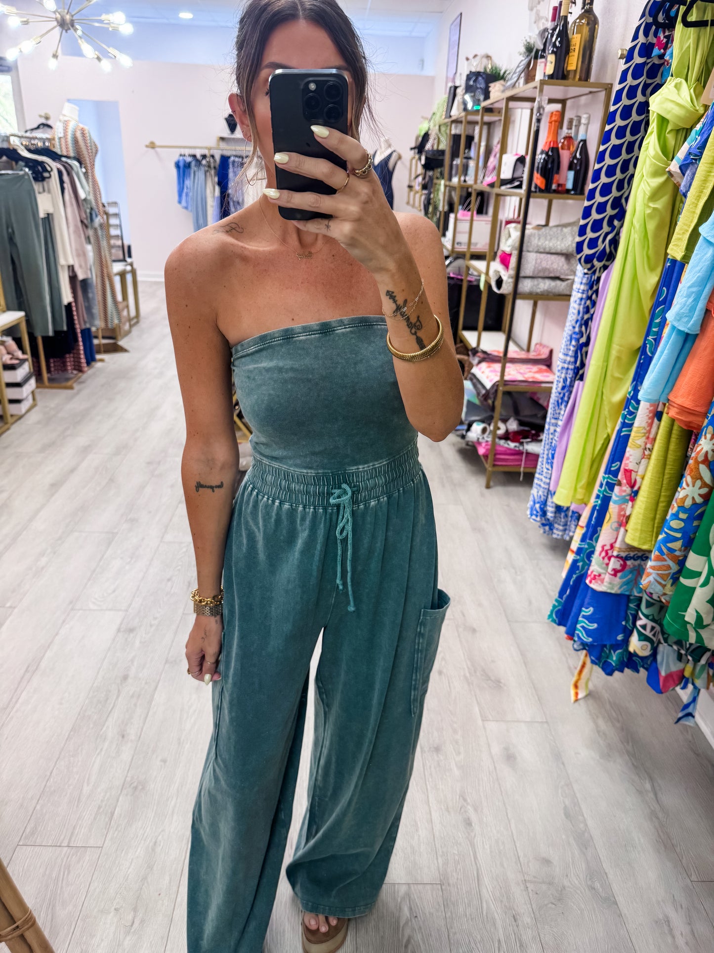 Dark Teal Mineral Wash Strapless Wide-Leg Jumpsuit