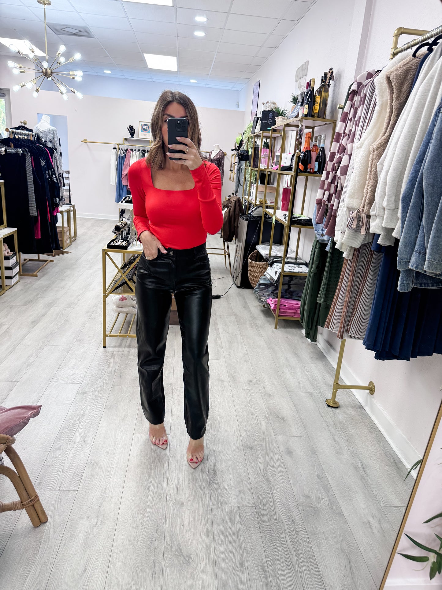 Red Long Sleeve Square Neck Bodysuit