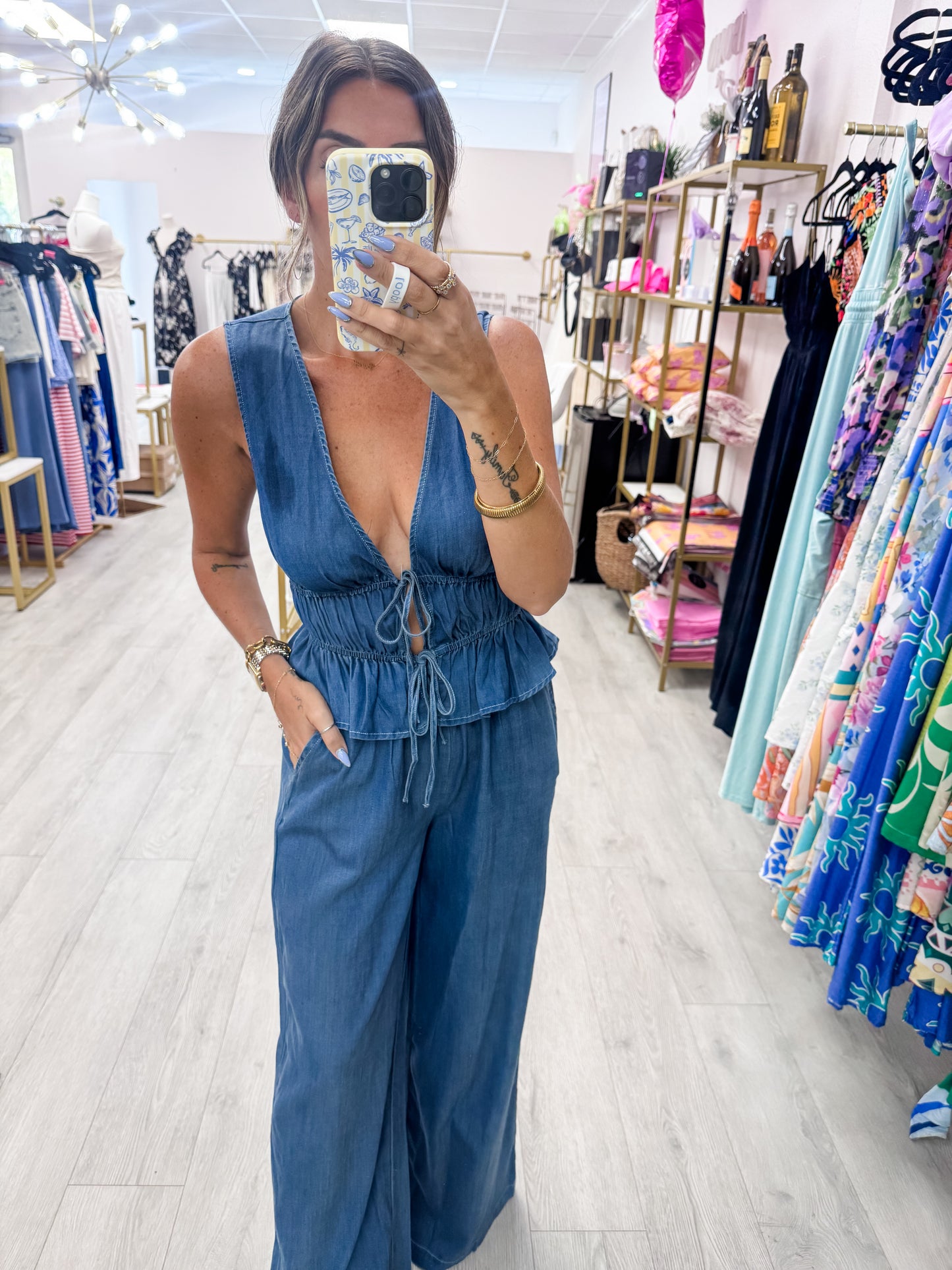 Chambray Tie Top & Pants SET
