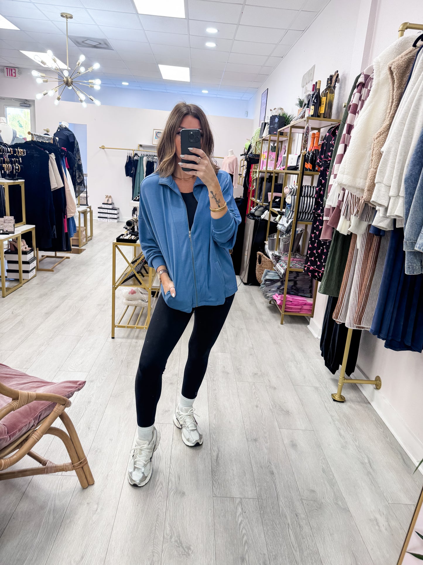 Gray Blue High Neck Zip-Up Jacket