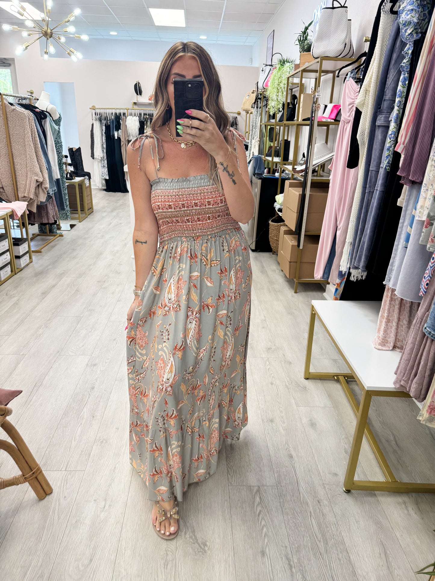 Tie Shoulder Boho Paisley Maxi Dress