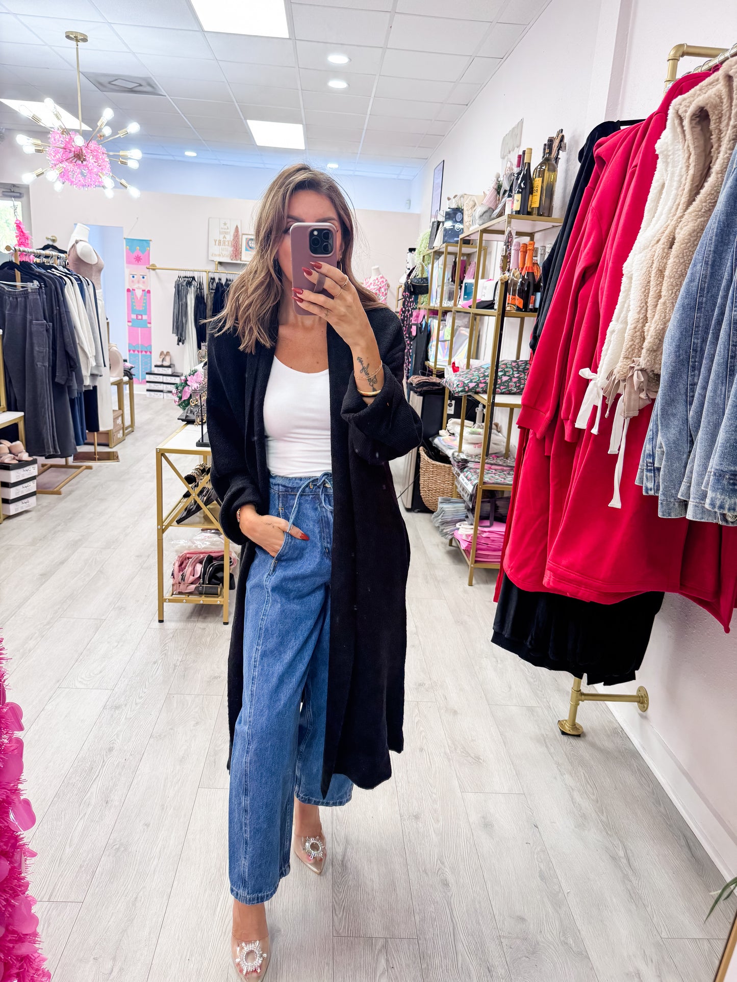 Black Longline Open Front Duster Sweater