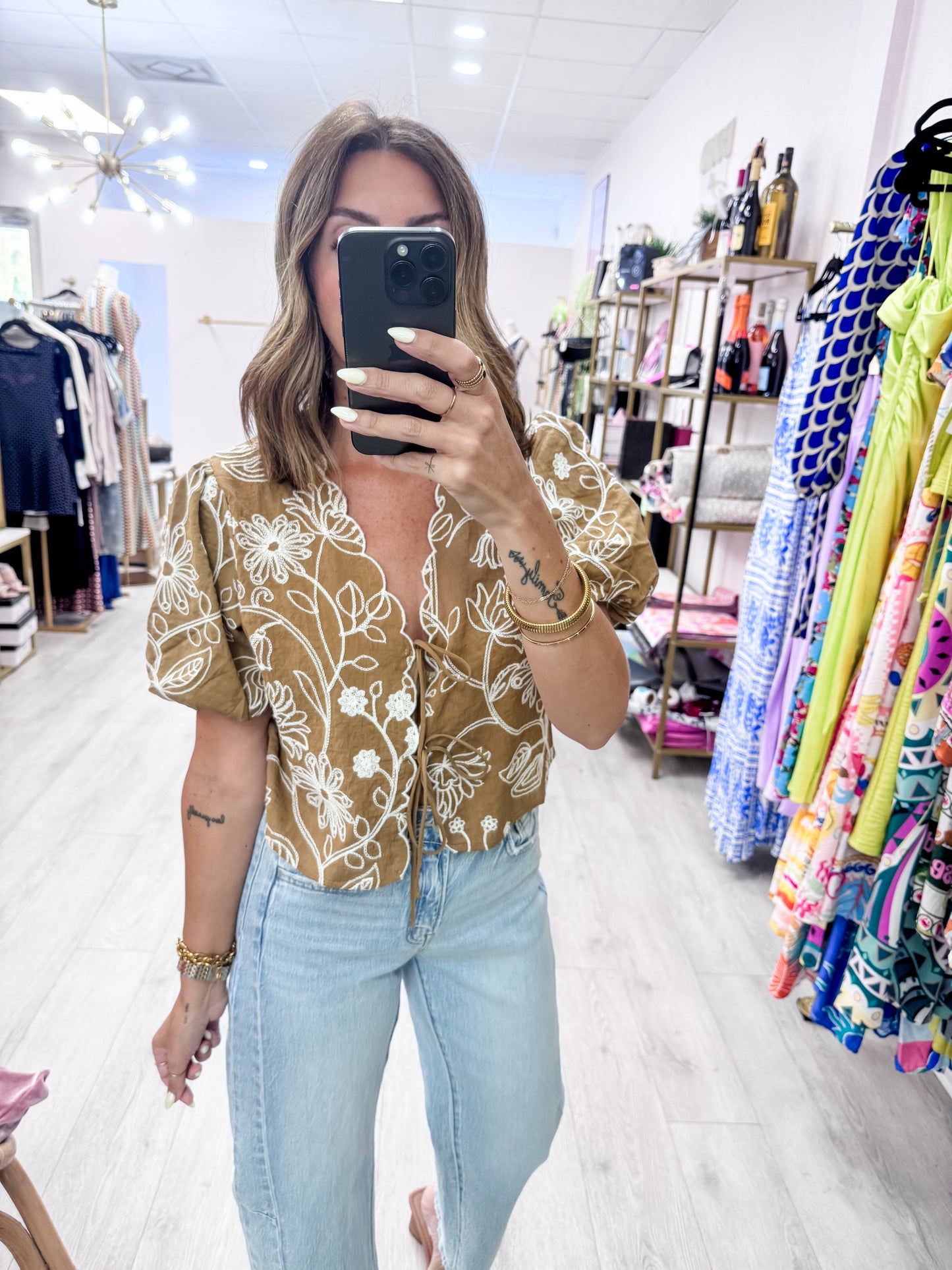 Mocha Floral Embroidered Tie-Front Top