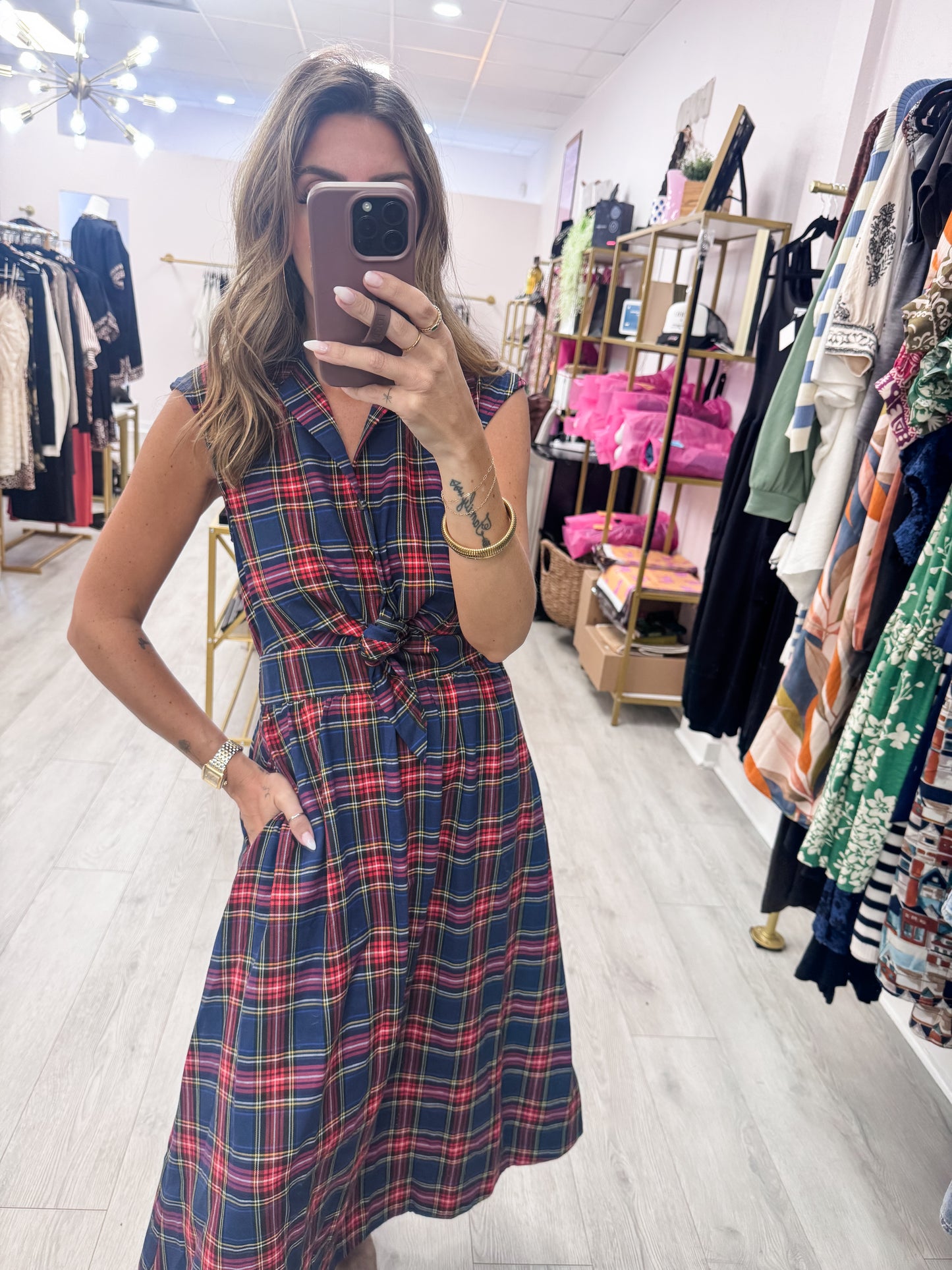 Navy Plaid Pattern Midi Dress
