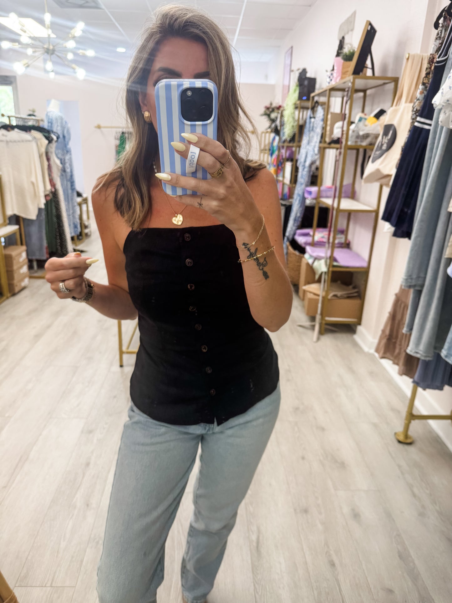 Black Button Down Linen Top