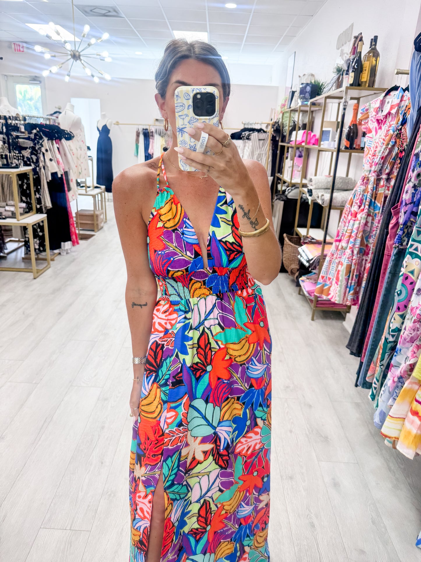 Jewel Tone Tropical Floral Smocked Maxi Dress