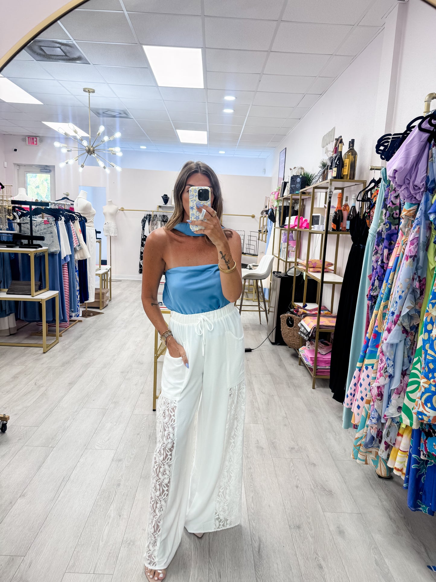 White Wide Leg Lace Panel Pants