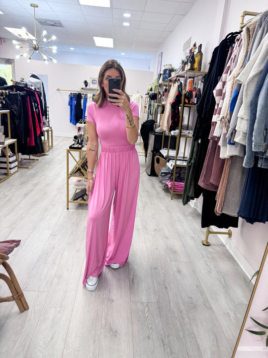 Pink Short Sleeve Top & Wide Leg Pants Set