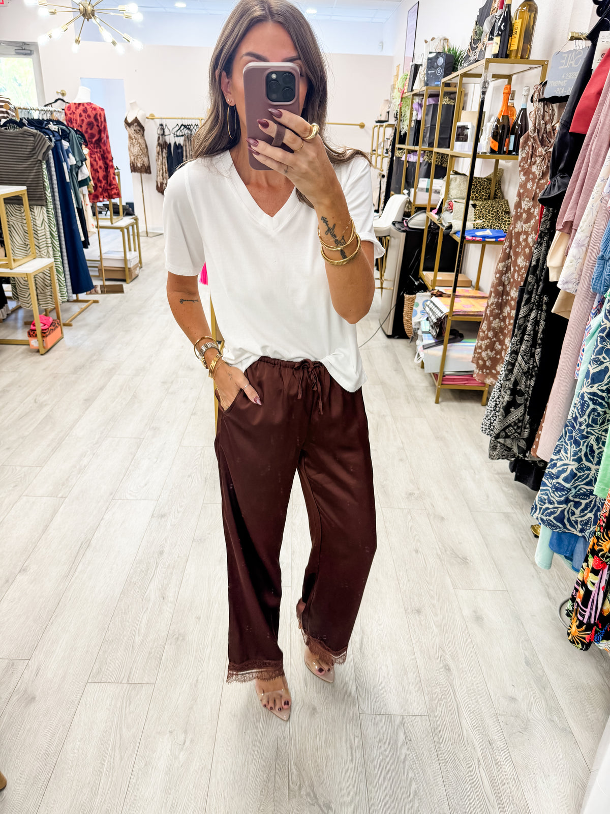 Brown Lace Trim Satin Wide Leg Pants