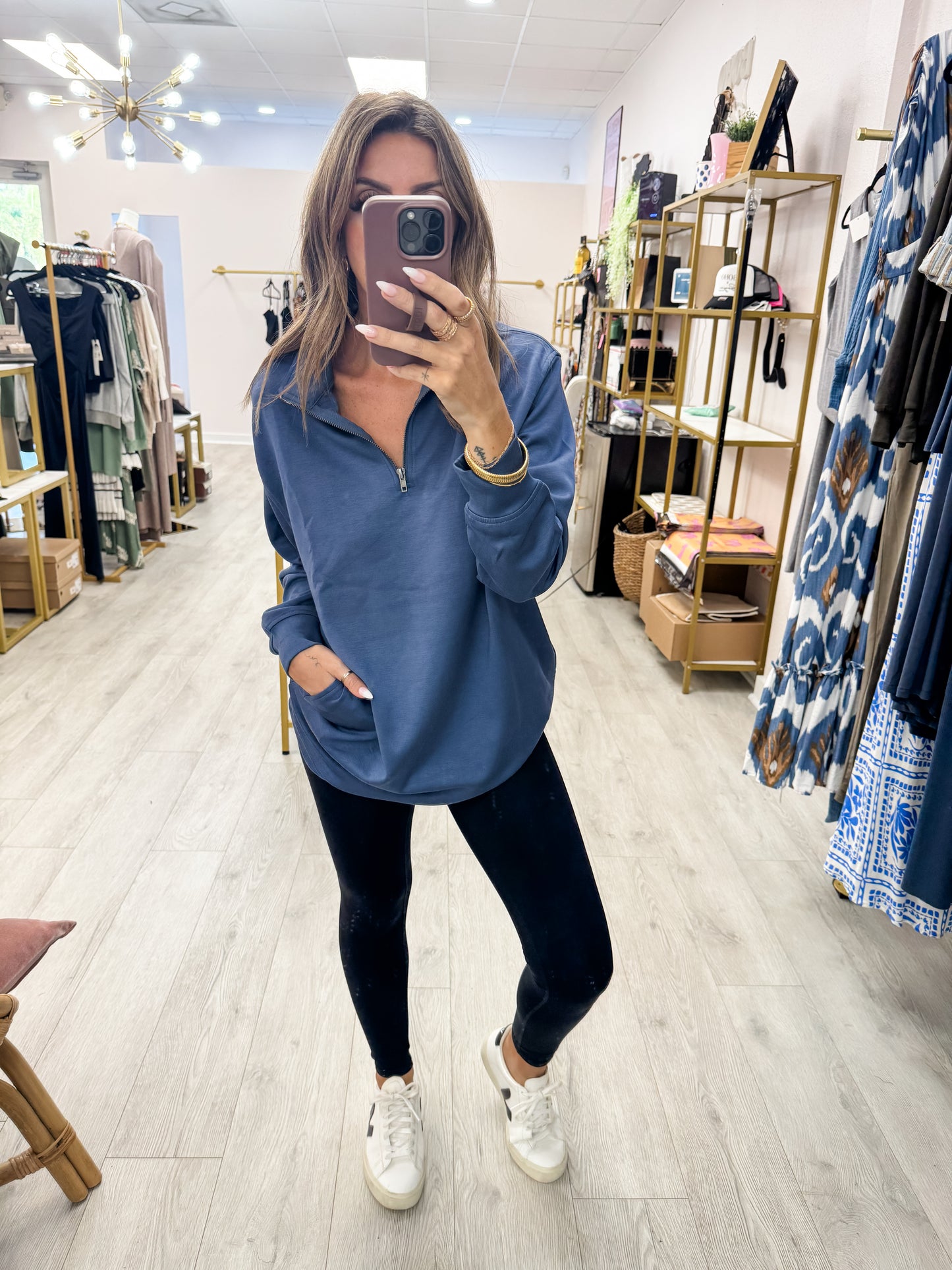 Double Knit Half Zip Dusty Navy Tunic
