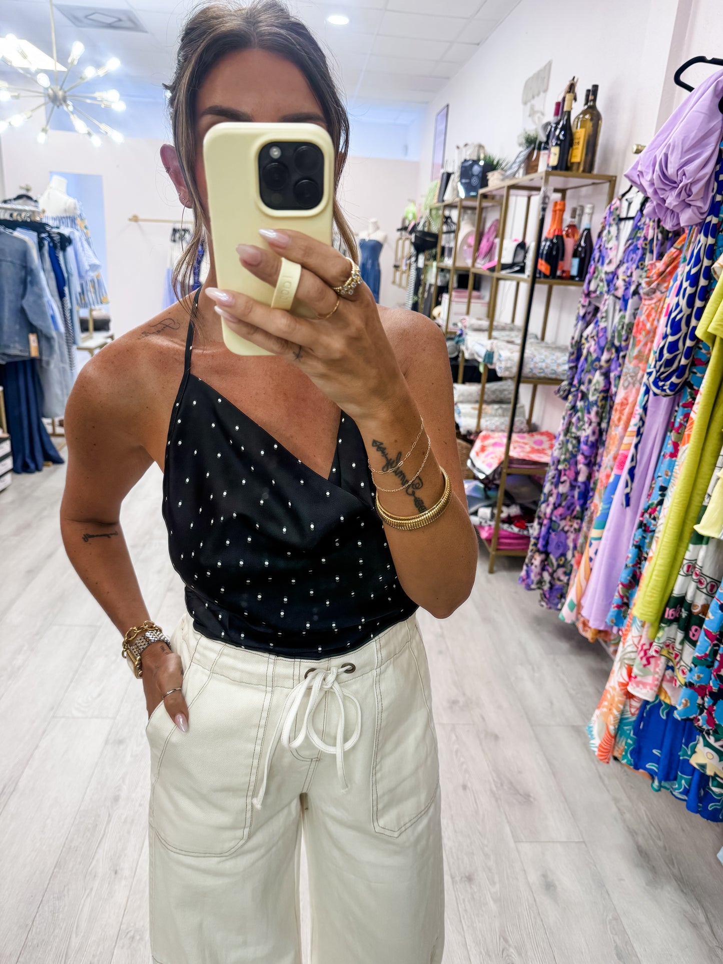 Black Polka Dot Cowl Neck Halter Top