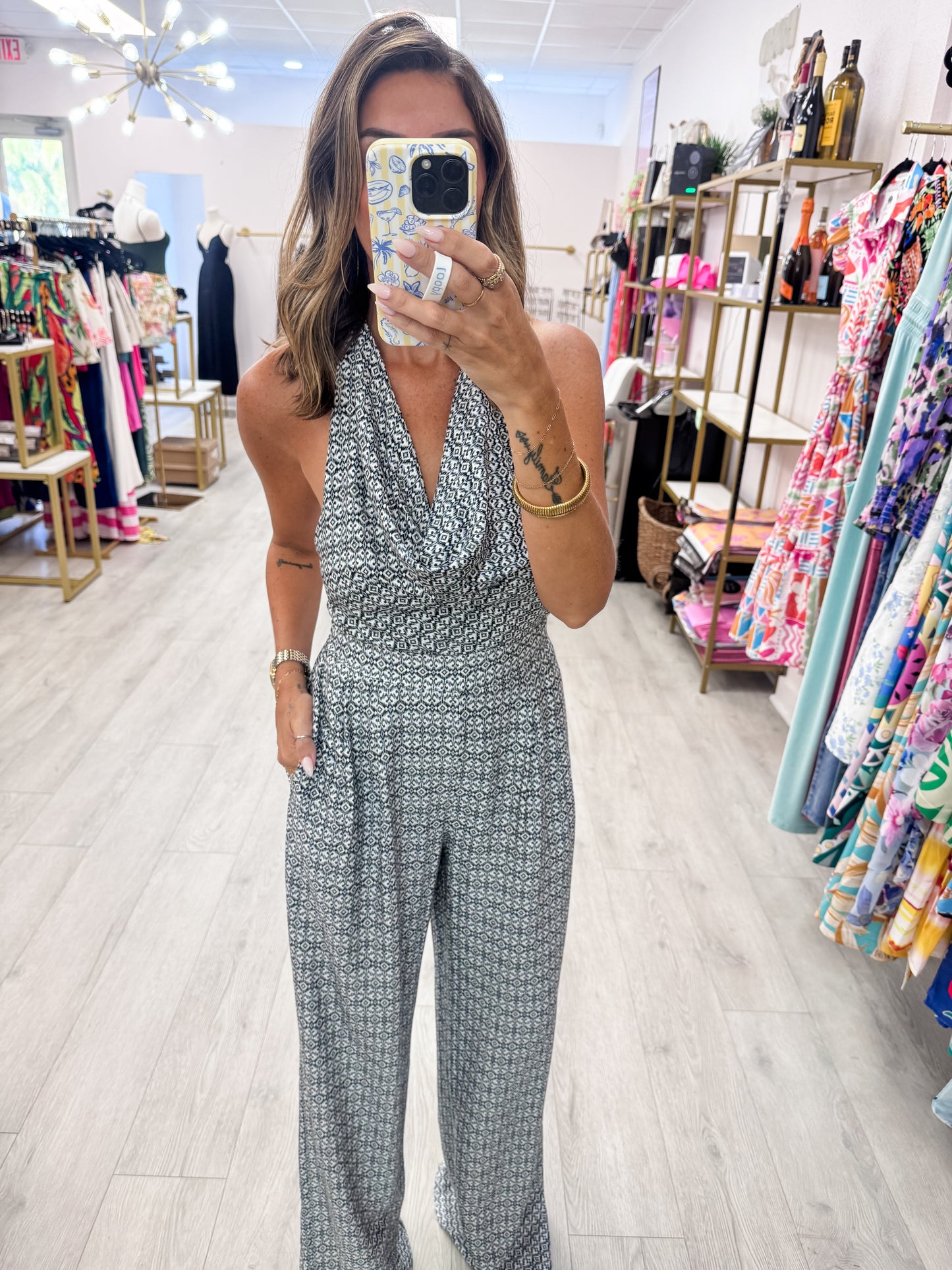 Black & White Cowl Neck Halter Open-Back Pant ST