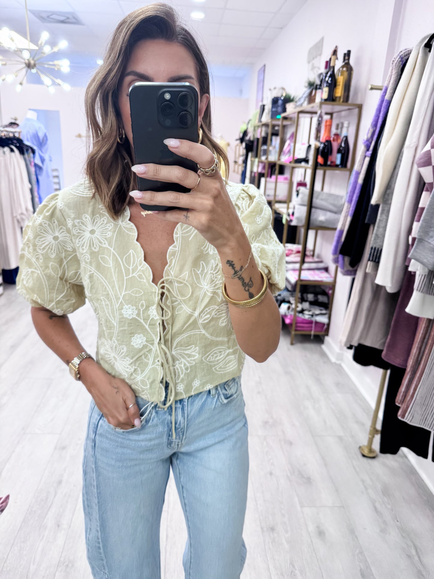 Sage Floral Embroidered Tie-Front Top