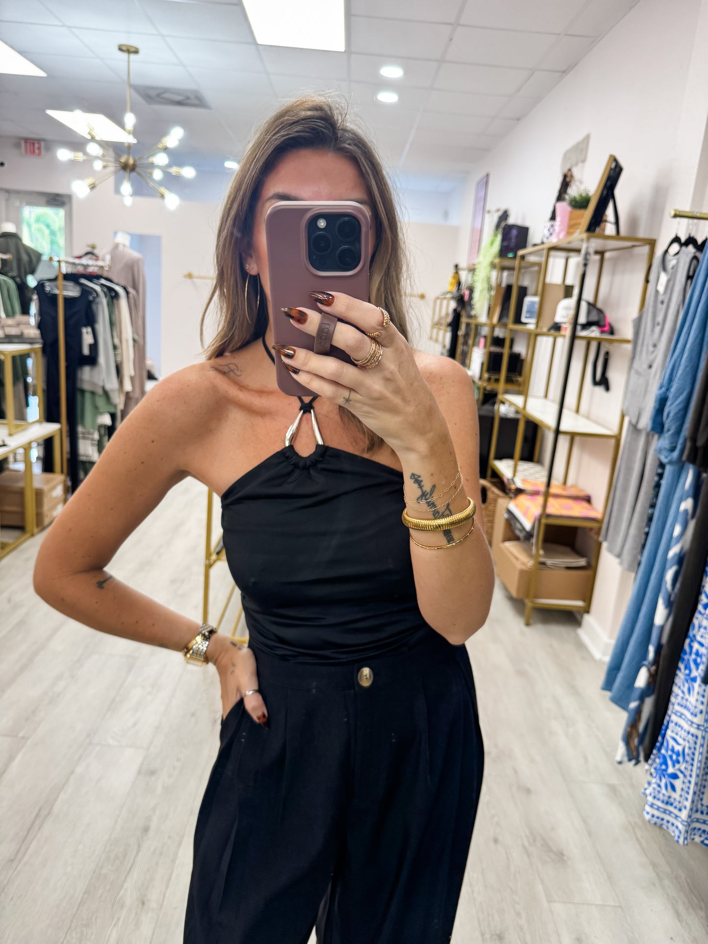 Halter Ring Detail Solid Knit Top