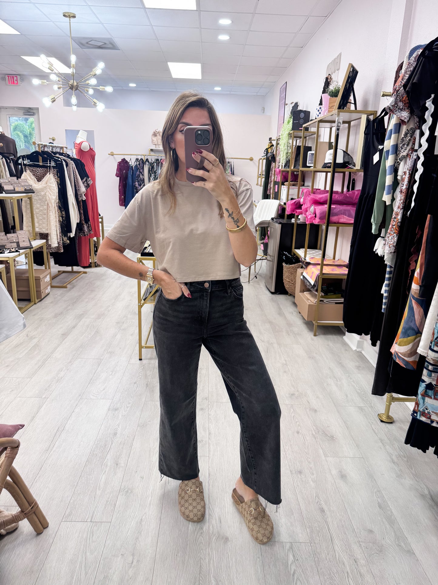 Taupe Cotton Lycra Boxy Cropped Tee