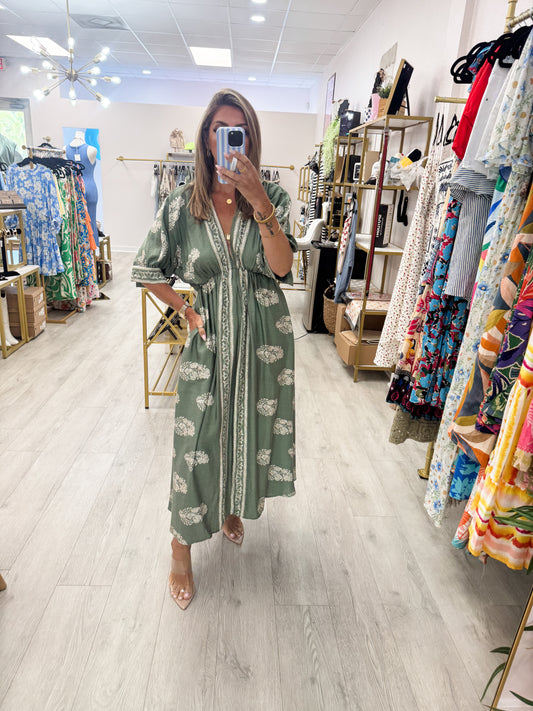 Green Border Printed Midi Dress
