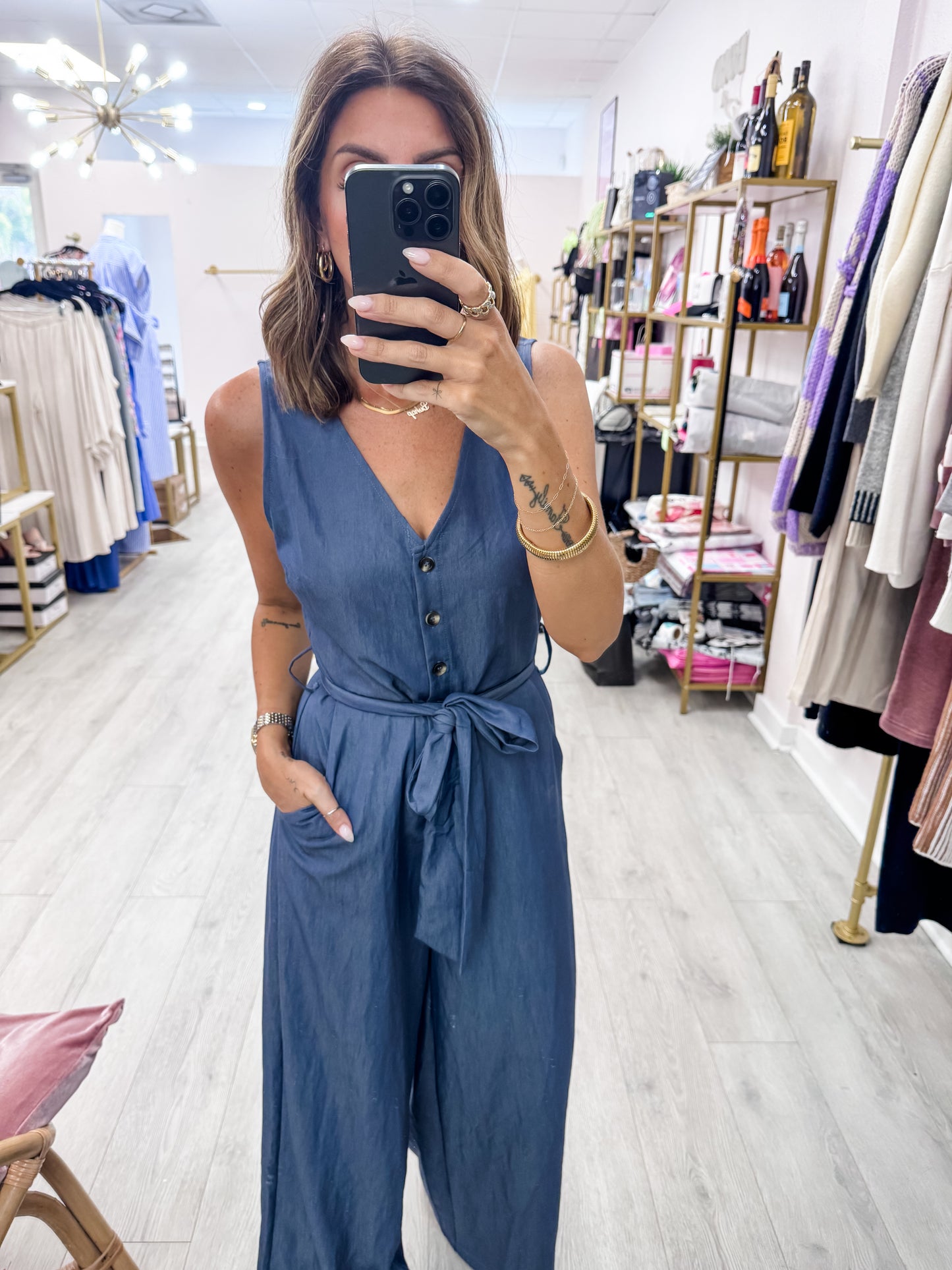 Ocean Current Button Down Sash Belt Jumpsuit