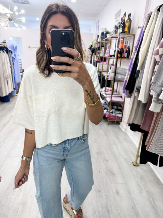 Cream Boxy Crew Neck Top With Pocket