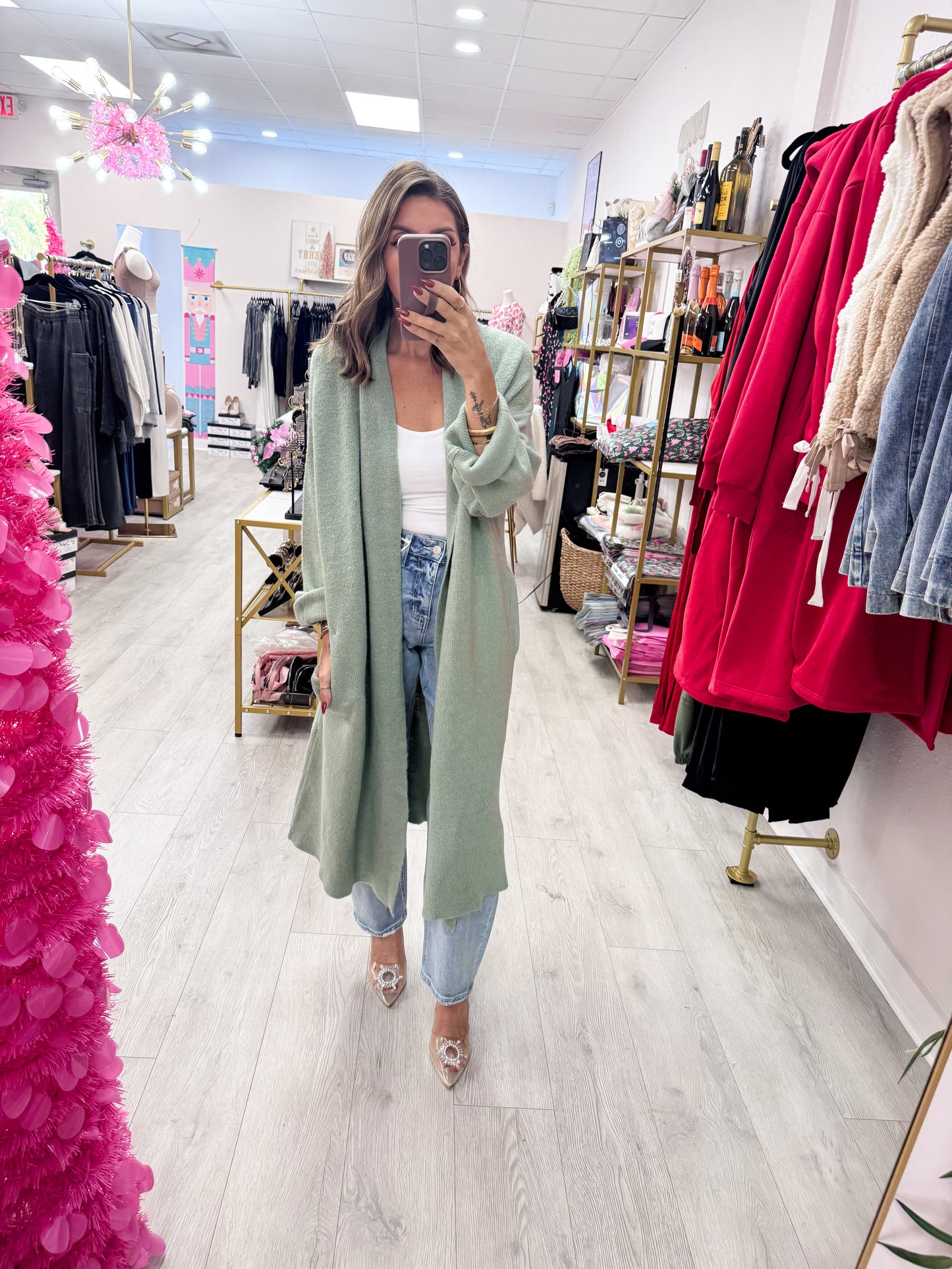 Sage Green Longline Open Front Duster Sweater