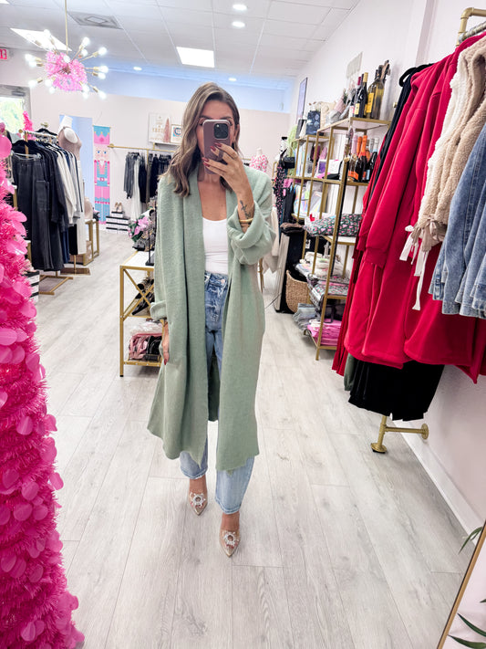 Sage Green Longline Open Front Duster Sweater