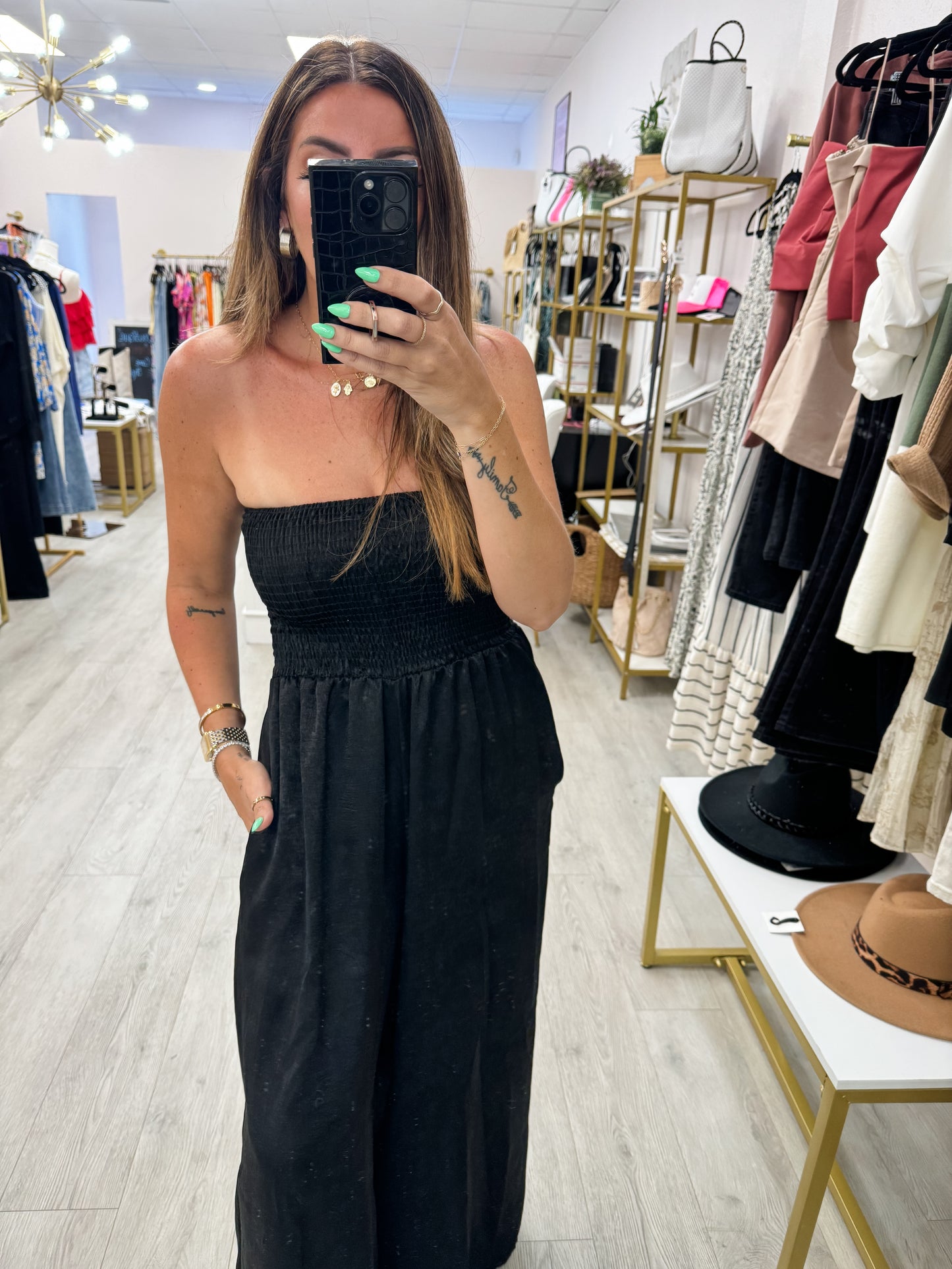 B- Wide Leg Solid Smocked Jumpsuit