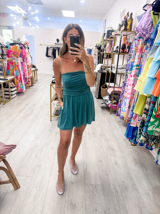 Dark Teal Strapless Shirred Waist Romper