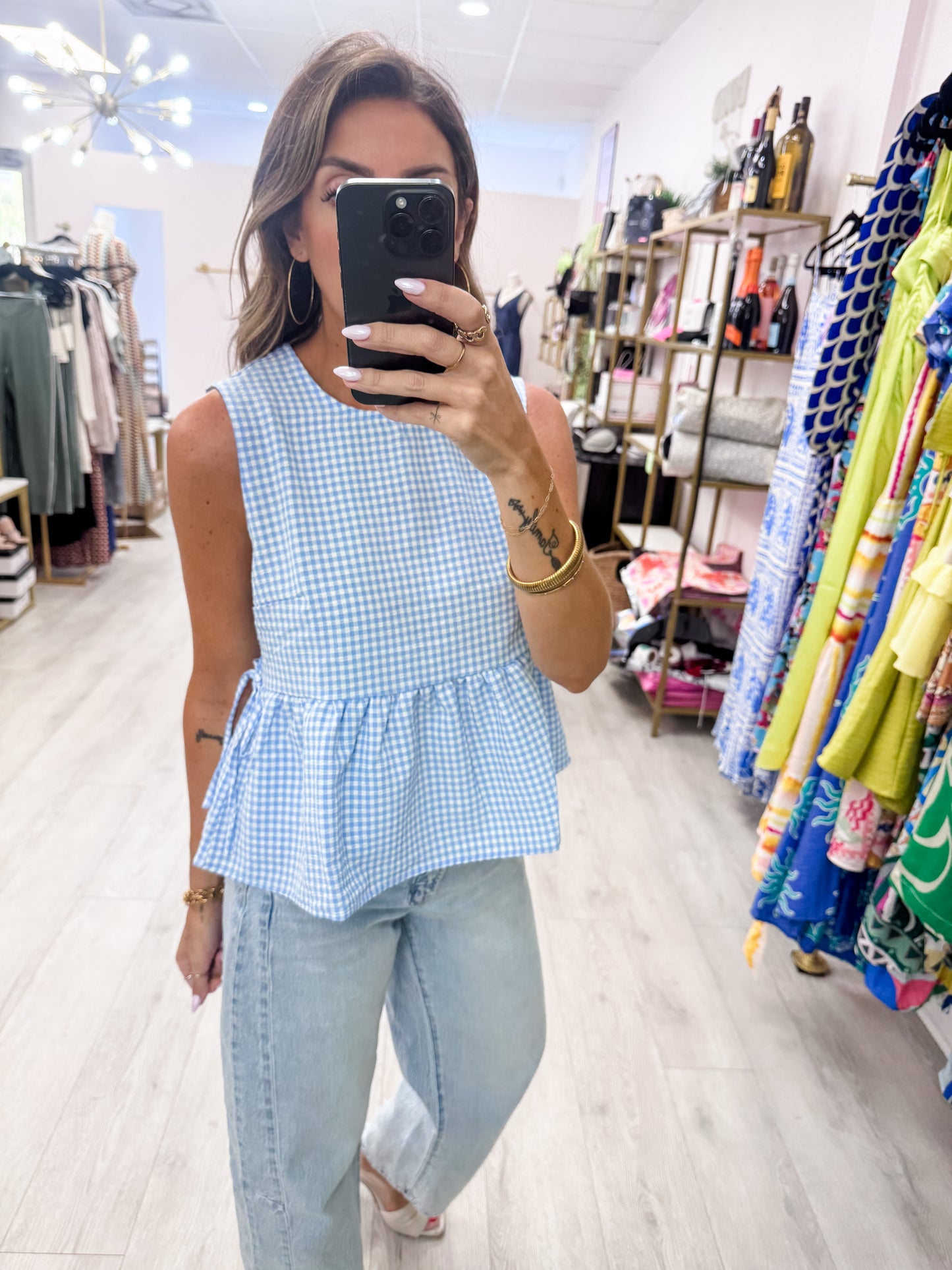 Blue Gingham Sleeveless Peplum Top With Side Ties