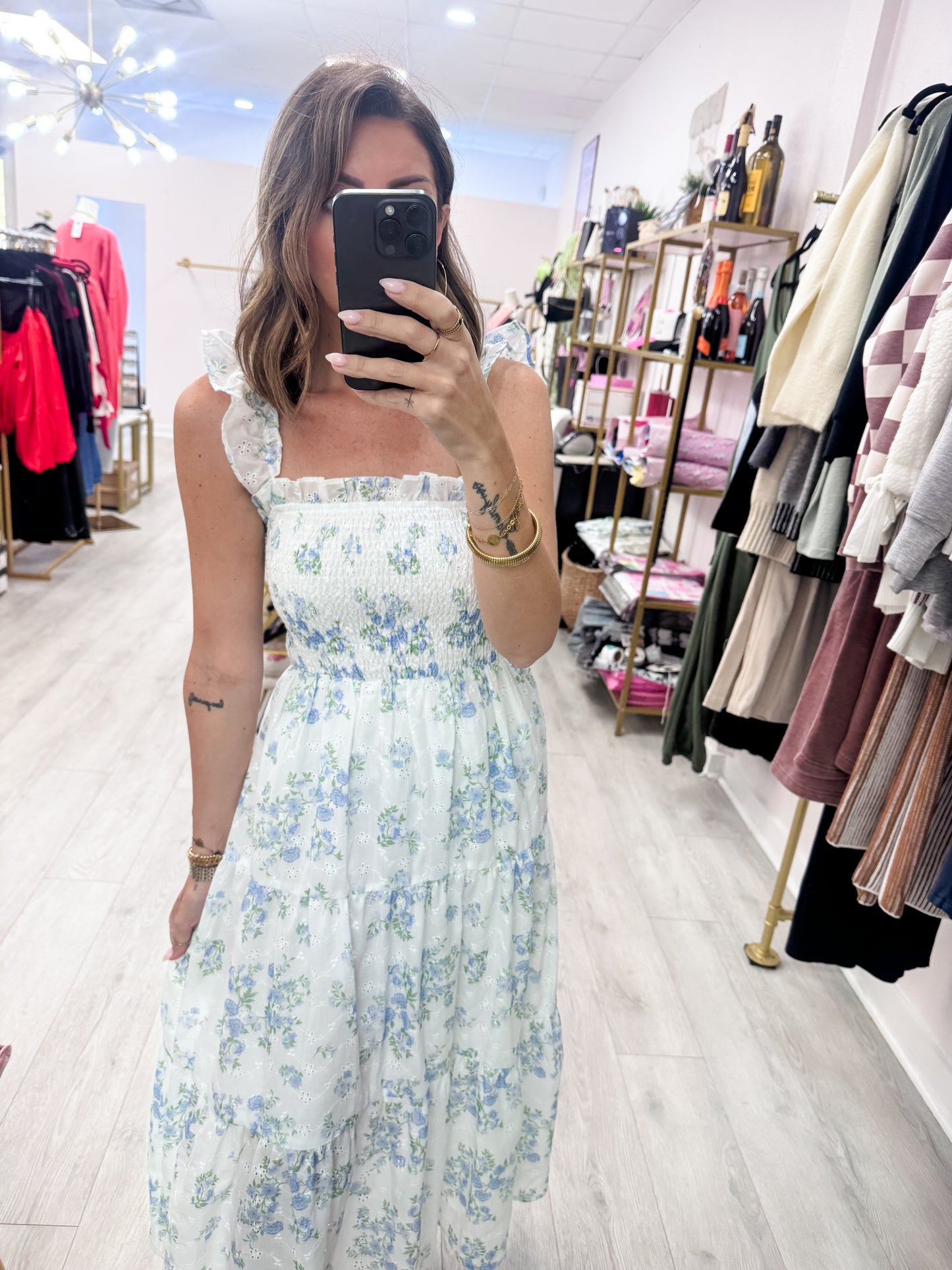Blue Smocked Floral Ruffle Strap Dress