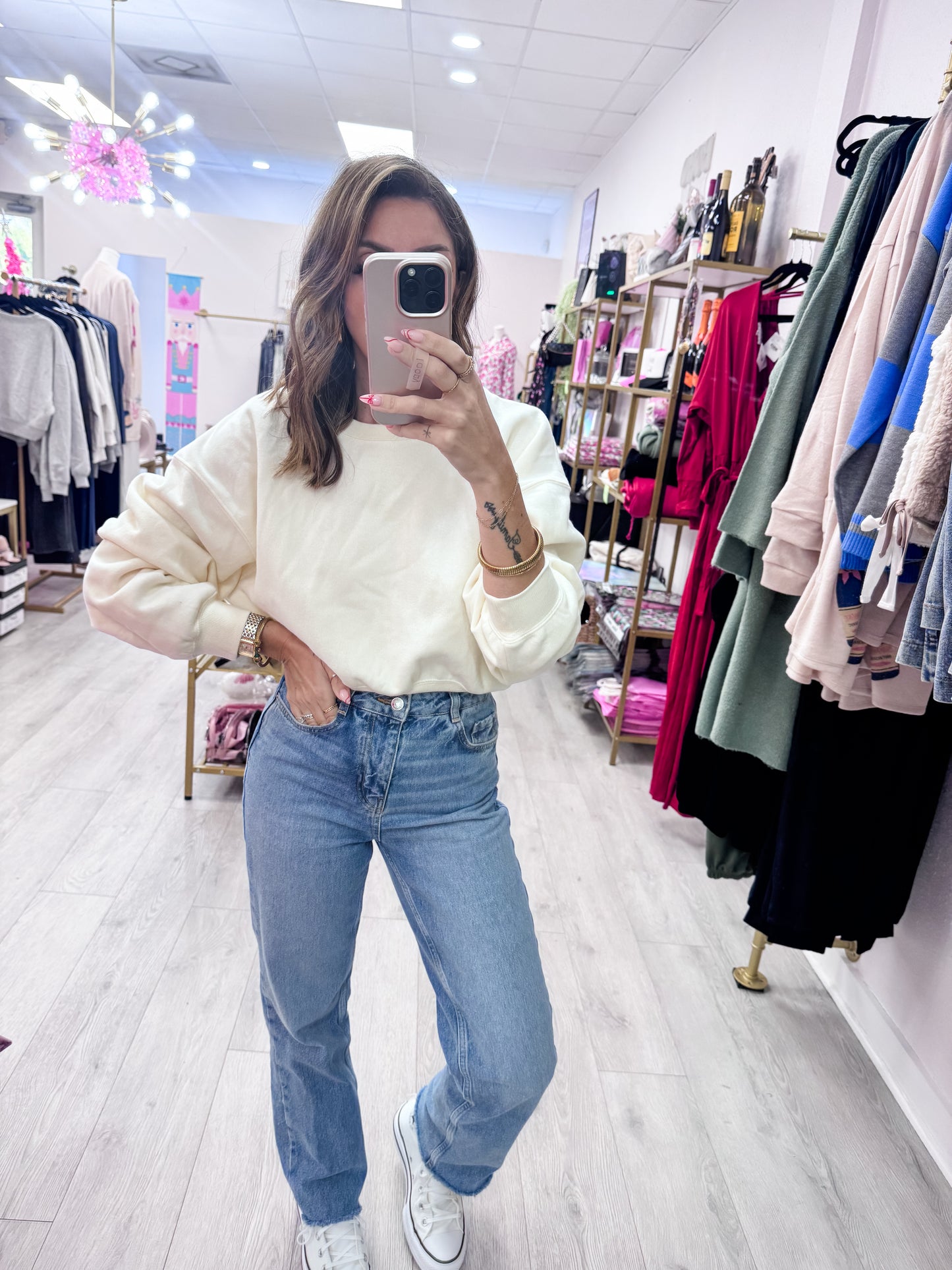 Cream Everyday Long Sleeve Cropped Sweatshirt