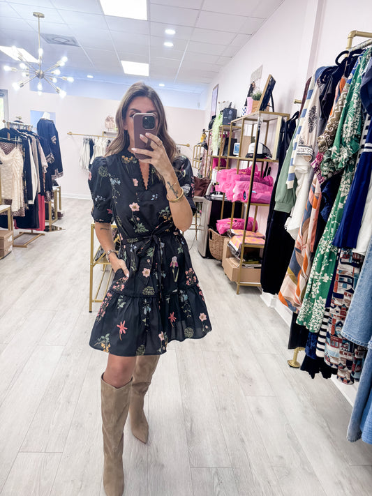 Black Floral Scallop Dress