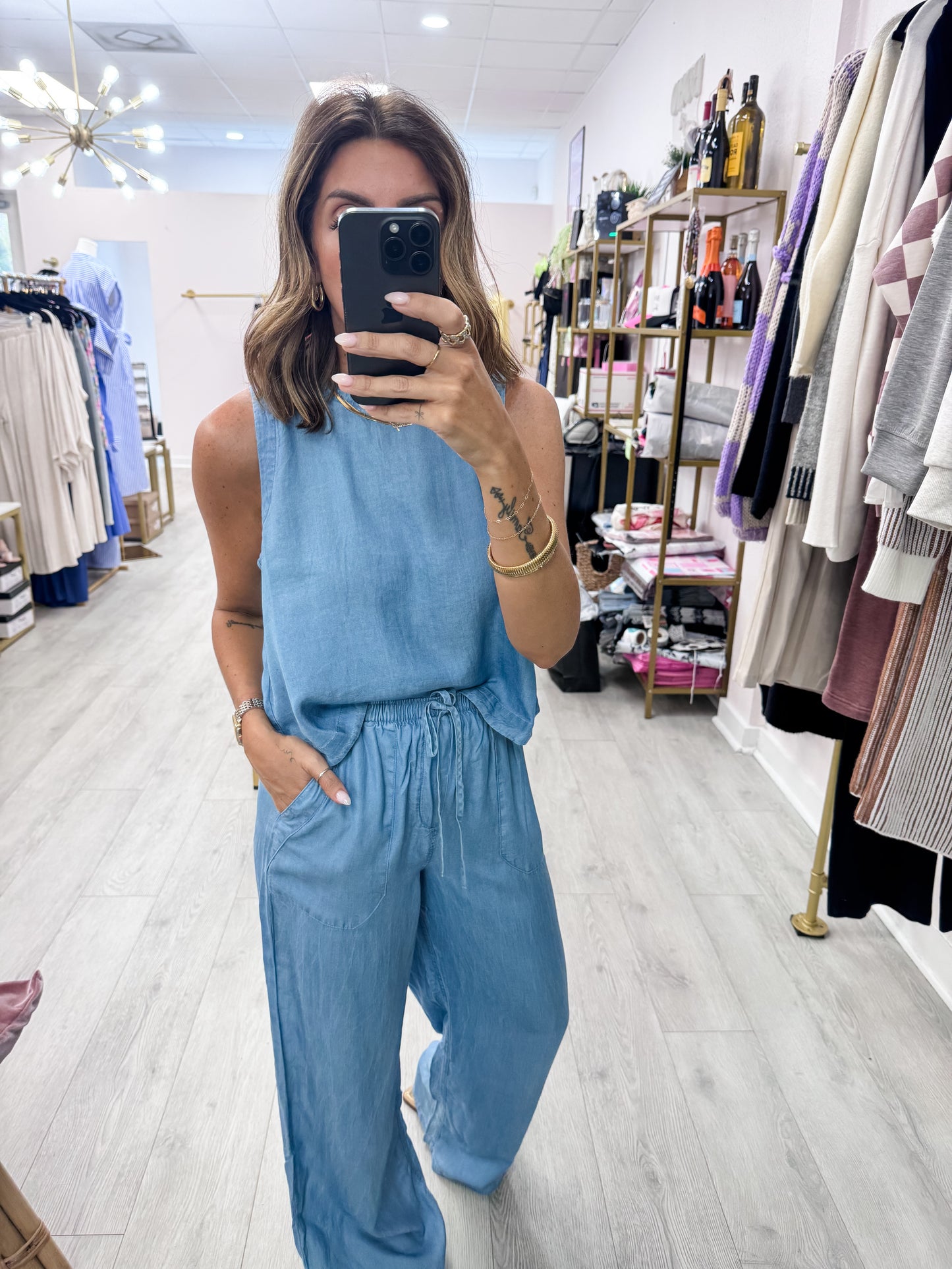 Chambray Button Back Sleeveless Top