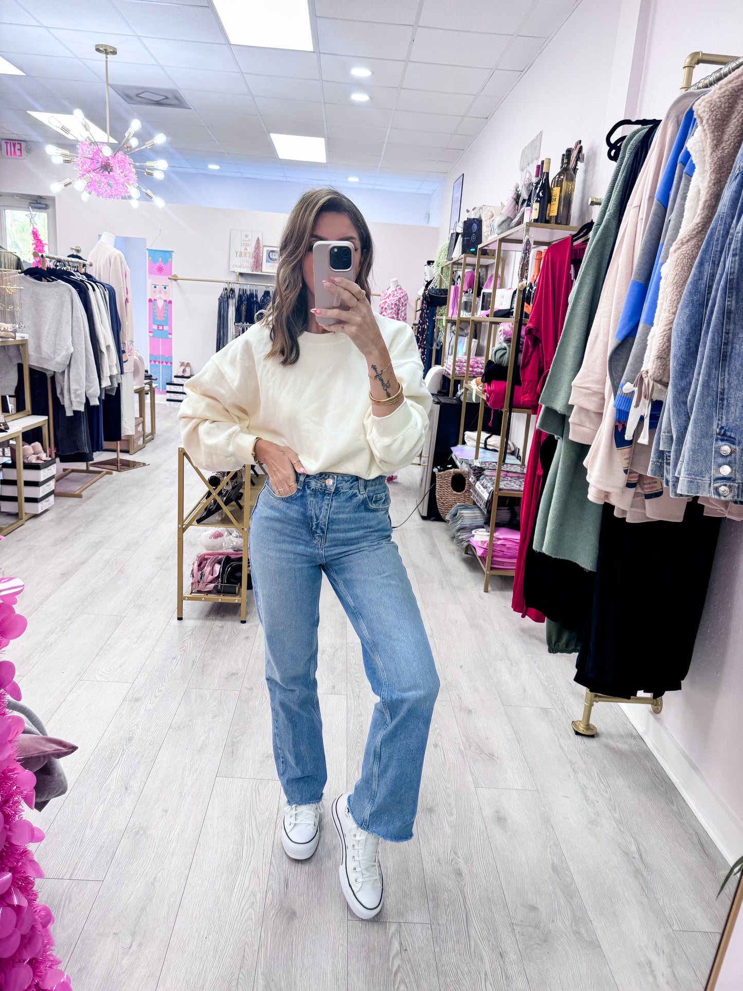 Cream Everyday Long Sleeve Cropped Sweatshirt