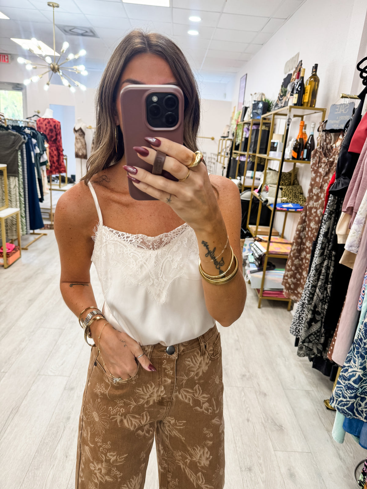 Champagne Lace Trim Satin Camisole Tank Top