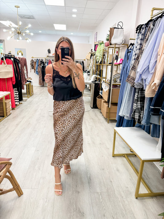 Animal Print Satin Midi Skirt