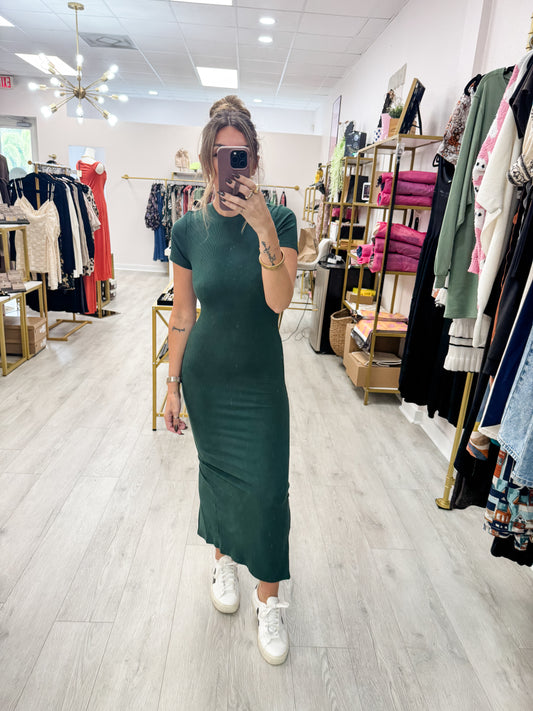 Deep Green Ribbed T-Shirt Dress