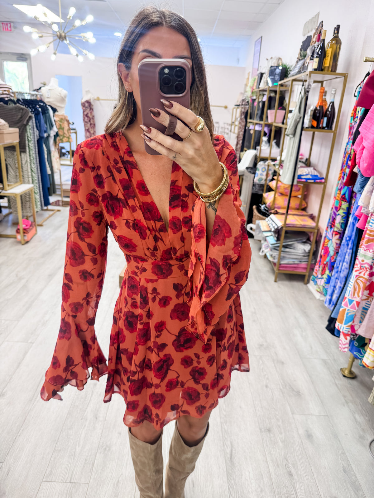 Red Rogue Floral Double Ruffled Sleeve Dress