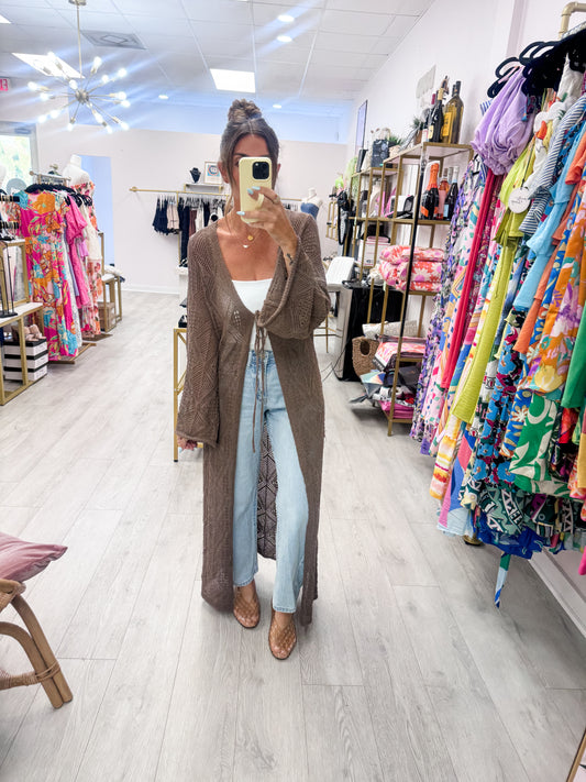 Mocha Pointelle Crochet Knit Cardigan