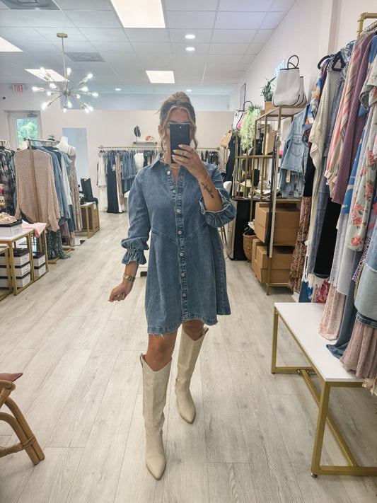 Washed Denim Puff Sleeve Dress