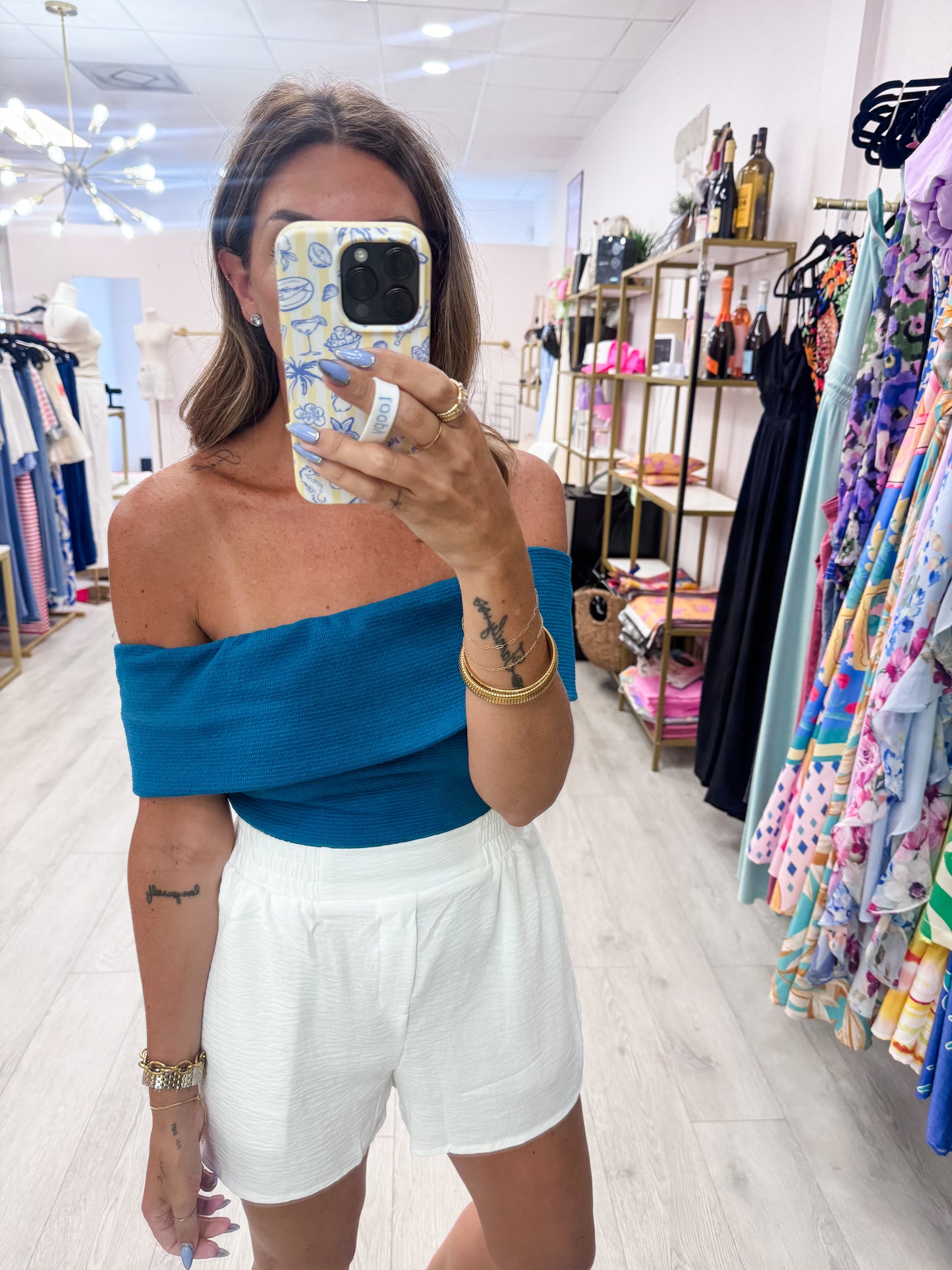 Teal Off Shoulder Foldover Knit Crop Top